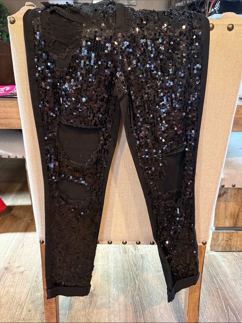 Black Sequin Distressed Straight-Leg Women’s Jeans